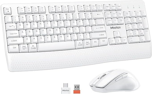 MEETION Wireless Keyboard and Mouse White, 2.4G USB Receiver Plug-and-Play, Computer Keyboard with Wrist Support, 3 Level DPI Mouse, Long Time Lasting Battery for PC/Mac/Windows/Laptop, White