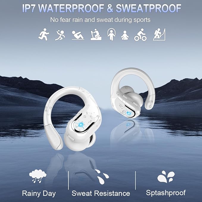 Wireless Earbuds, 75Hrs Bluetooth 5.3 Headphones Sport, Bluetooth Earbuds with ENC Noise Canceling Mic, Bass Stereo Wireless Earphones IP7 Waterproof Over Ear Buds with Earhooks for iOS/Android, White