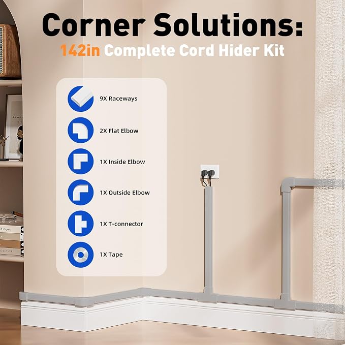 Delamu Cord Hider, 142in Cable Hider, Cord Covers for 2-3 Wires on Wall, Wire Covers for Cords, Wire Hiders for TV on Wall, Easier Setup Cable Cover Cable Management, W0.94 H0.47in, Grey - Image 3