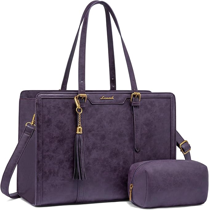 LOVEVOOK Laptop Bag for Women Vintage Leather Laptop Tote 15.6 inch Large Capacity Computer bag with Clutch Purse for Work