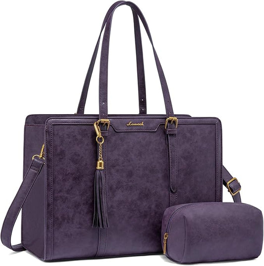 LOVEVOOK Laptop Bag for Women Vintage Leather Laptop Tote 15.6 inch Large Capacity Computer bag with Clutch Purse for Work