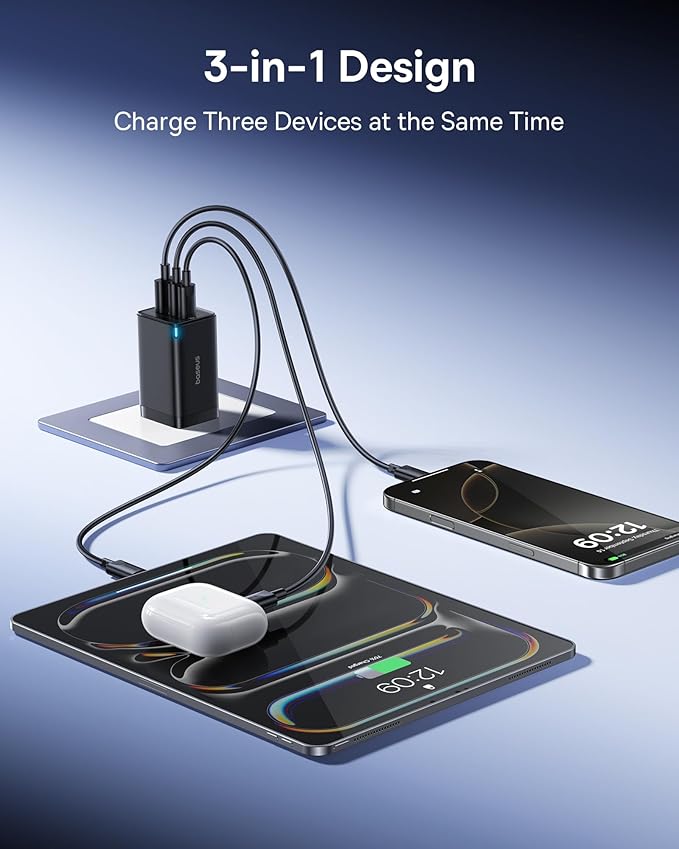 Baseus Portable Charger with Built in Cable, 100W Laptop Power Bank 20000mAh Bundle with 2 Pack 65W USB C Charger Block, PPS 3-Port Fast Compact Foldable USB C Charger