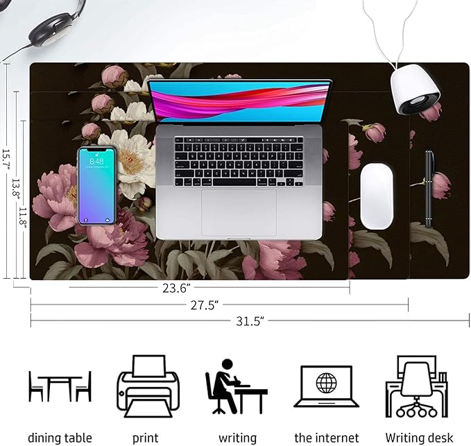 Large Mouse Pad, Black Floral Desk Mat for Desktop, Women Girls Flowers PU Leather Waterproof Desk Pad, Computer PC Laptop Protector Gaming Mouse Pads for School Office Home 23.6" x 11.8"