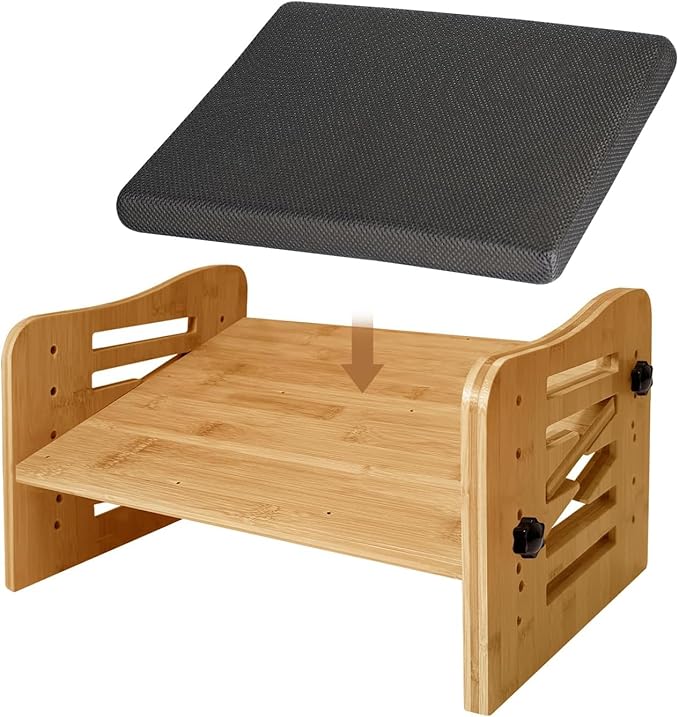 Myplace Bamboo Adjustable Under Desk Footrest with Memory Foam Pad - Ergonomic Foot Rest with 7-Level Adjust, Slanted Foot Rest Stool for Home Office Kitchen Bedroom (Burlywood)