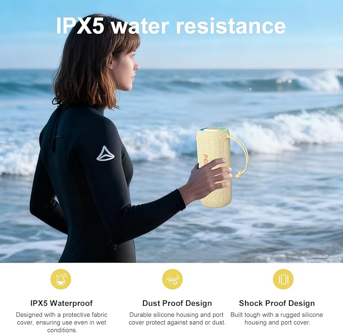 Bluetooth Speaker, Portable Wireless Clear Loud Stereo Sound IPX5 Waterproof with RGB Lights BT5.3 Long Playtime TWS Pairing,for Home Party Outdoor Beach,Great Gift Choice (Beige)