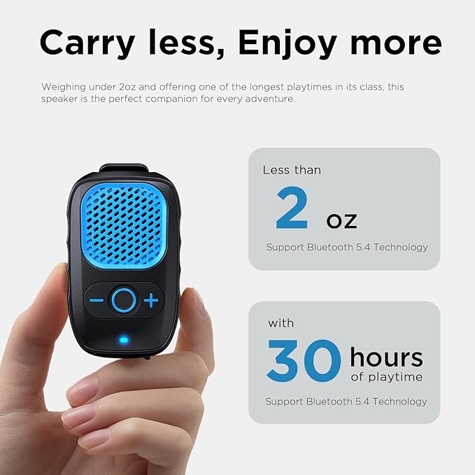 Wearable Bluetooth Speaker, 30H Working Time Clip-On Wireless Jobsite Pro Water-Resistant Portable Speaker — Built-in Mic for Hands-Free Music and Calls, Blue, Non-Magnet