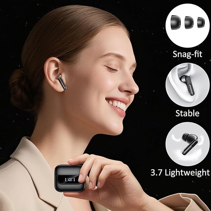 Wireless Earbuds Bluetooth 5.4, 6 Mic ENC Noise Cancelling Clear Call, in Ear Buds Deep Bass HiFi Stereo Sound, Big Dual LED Display 48H Playtime Earphones IPX7 Waterproof Headphones Android iOS Black