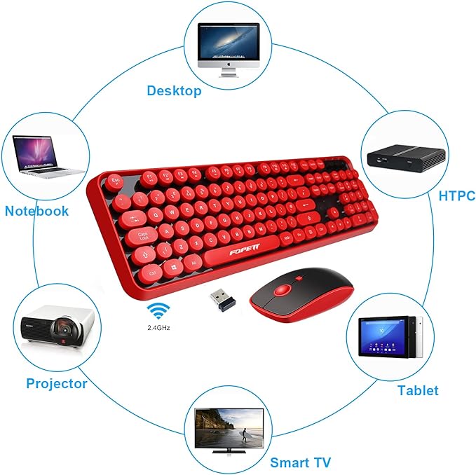 FOPETT Wireless Keyboard and Mouse Combo, 104 Keys Full-Sized 2.4 GHz Round Keycap Colorful Keyboards, USB Receiver Plug and Play, for Windows, Mac, PC, Laptop, Desktop (Black Red)