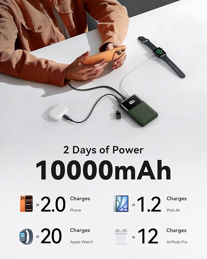 INIU Small Portable Charger, 45W PD Fast Charging 10000mAh Power Bank, Battery Pack with Attached USB C Cable, Travel Essentials Powerbank for iPhone 17 16 15 14 Pro Air, Xiaomi, Samsung S25, Green