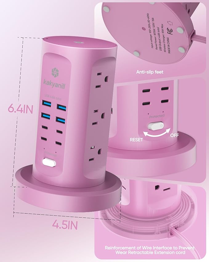 Power Strip Tower, kakyanill Surge Protector Tower 9 AC Outlets 8 USB (4 USB C), 6 Ft Retractable Extension Cord, Charging Station for Office Dorm Room, Purple