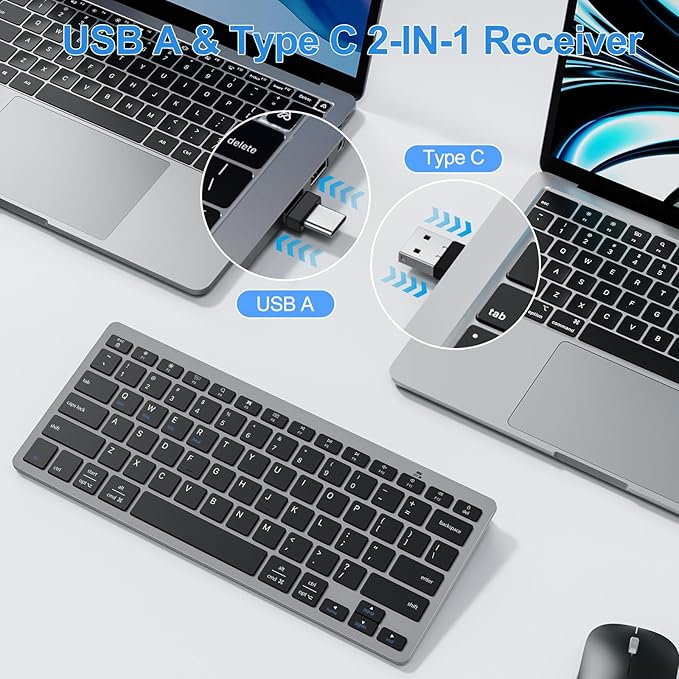 OMOTON 2.4G Wireless Keyboard, Ultra-Slim Compact Mini Keyboard with Type-C & USB-A Receiver, Compatible with Desktop Laptop Tablet PC Smart TV and Windows 11/10/8/7 - Grey