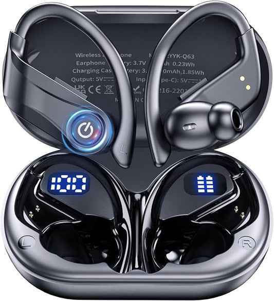 Earbuds Wireless Earbuds 120H Playback Bluetooth 6.1 Headphones IPX7 Waterproof Stereo Bass Over-Ear Headphones with Earhooks Microphone LED Battery Display for Sports Running Workouts