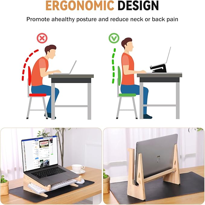 Wooden Laptop Stand for Desk, Vertical & Horizontal Wood Laptop Riser with Keyboard Storage, Compatible with MacBook Air Pro/Dell/HP/Lenovo 13-17 Inch Laptops
