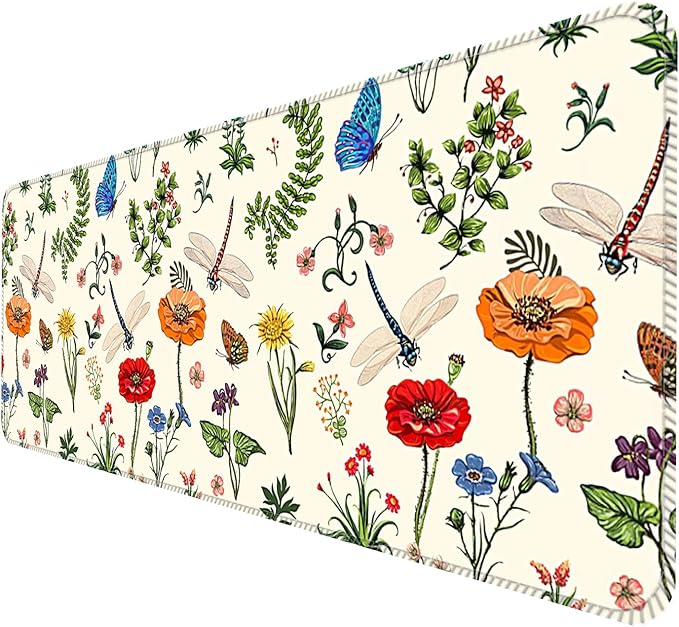 Desk Mat,Big Desk Pad,31.5 x 11.5in Extended Gaming Mouse Pad,Large Mouse Pad for Desk Rubber Base Mousepad with Stitched Edges,Keyboard Mouse Mat for Work Game Office Home - Dragonflies Flower