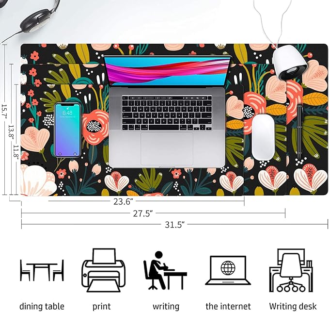 Desk Mat Large Protector Pad 27.5" ×13.8", Non-Slip PU Leather Desk Blotter, Waterproof Mouse Pad for Office Home Black Floral