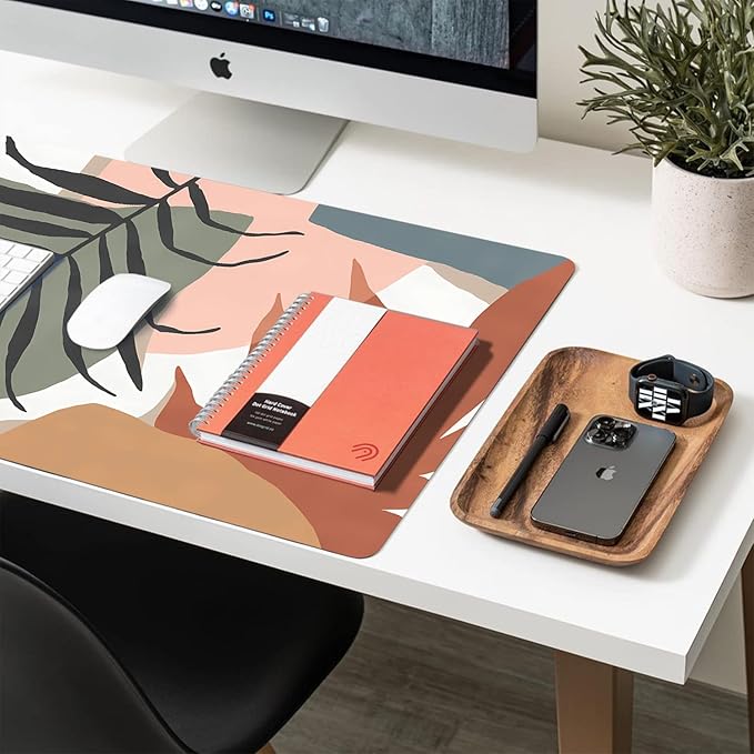Desk Mat Large Protector Pad 27.5" ×13.8", Non-Slip PU Leather Desk Blotter, Waterproof Mouse Pad for Office Home Abstract Leaf