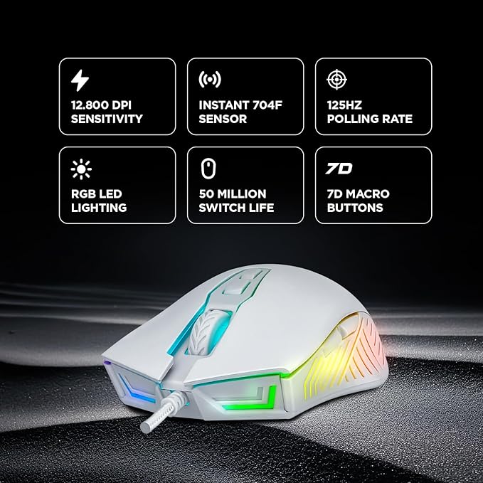 Rampage Spear V2 White Wired Gaming Mouse with RGB Lighting ?€? 12800 DPI, 7 Programmable Buttons, Lightweight Ergonomic Gaming Mouse for PC/Mac/Laptop Gamers