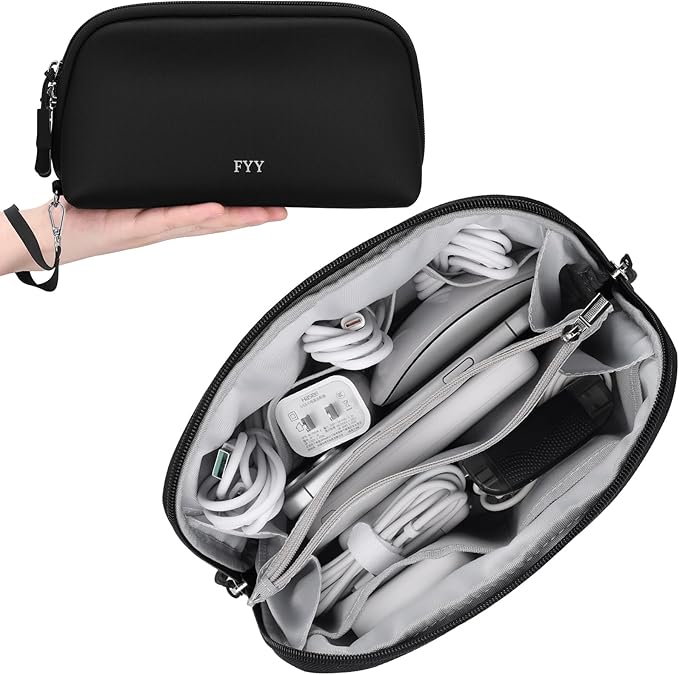FYY Travel Cable Organizer - 8 Compartments Lightweight Water Resistant Tech Pouch with Wrist Strap, Portable Electronic Accessories Case for Cord Charger Storage for Travel Home Office Black (Large)