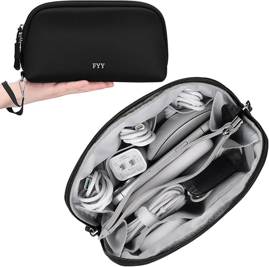 FYY Travel Cable Organizer - 8 Compartments Lightweight Water Resistant Tech Pouch with Wrist Strap, Portable Electronic Accessories Case for Cord Charger Storage for Travel Home Office Black (Large)