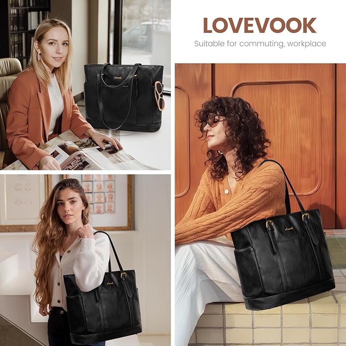 LOVEVOOK Laptop Tote Bag for Women,Vintage Leather Work Tote Bag for Women Computer Briefcase Bag,Waterproof Teacher Business