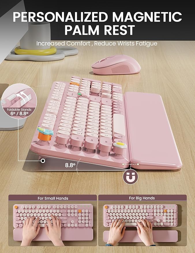 Wireless Keyboard and Mouse Combo, Typewriter Keyboard with Detachable Wrist Rest, Full-Size Retro Round Keycaps, Smart-Sleep, 2.4GHz Stable Connection for Mac/Windows/PC, Trueque(Dusty Rose)