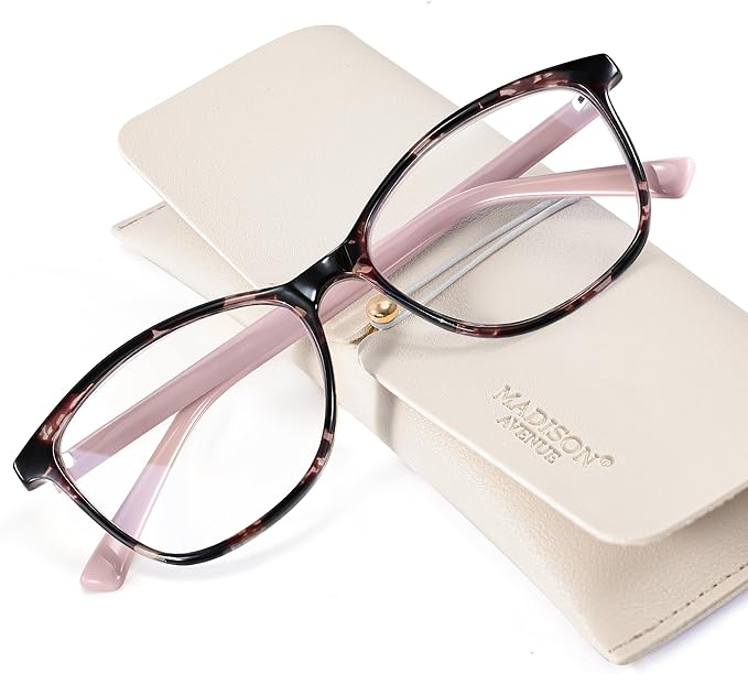 Madison Avenue Blue Light Blocking Glasses Anti Eyestrain UV Glare Blue Light Glasses for Women with Case, TV Phone Computer Gaming Eyeglasses (Pink Demi)