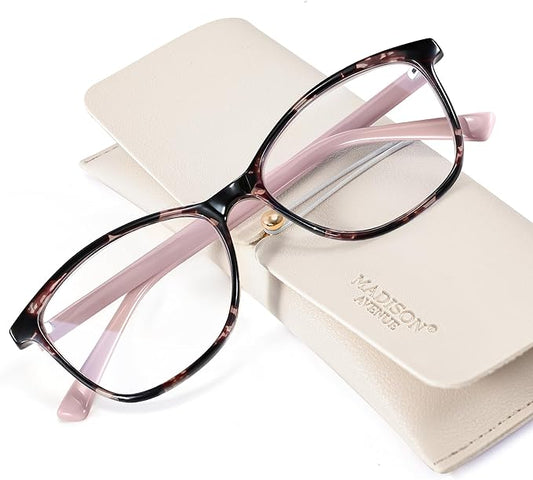 Madison Avenue Blue Light Blocking Glasses Anti Eyestrain UV Glare Blue Light Glasses for Women with Case, TV Phone Computer Gaming Eyeglasses (Pink Demi)
