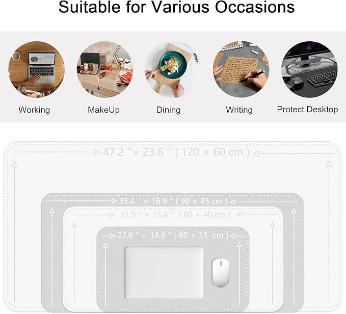 Dual-Sided Desk Mat, Large Pad, Waterproof Smooth PU Leather Blotter Protector, Mouse Pad, Desk Organizers, Office/Home Table Decor for Reading and Writing (White+Slivery, 47.2''23.6'')