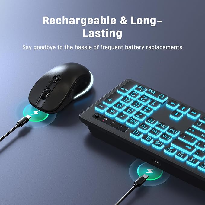 Large Print Wireless Keyboard and Mouse - 7 Colors Backlit Keyboard, Oversize Letters Keys Easy to See and Type, Rechargeable Keyboard and Mouse with Light Up Key, Compatible for PC, Windows, Gaming
