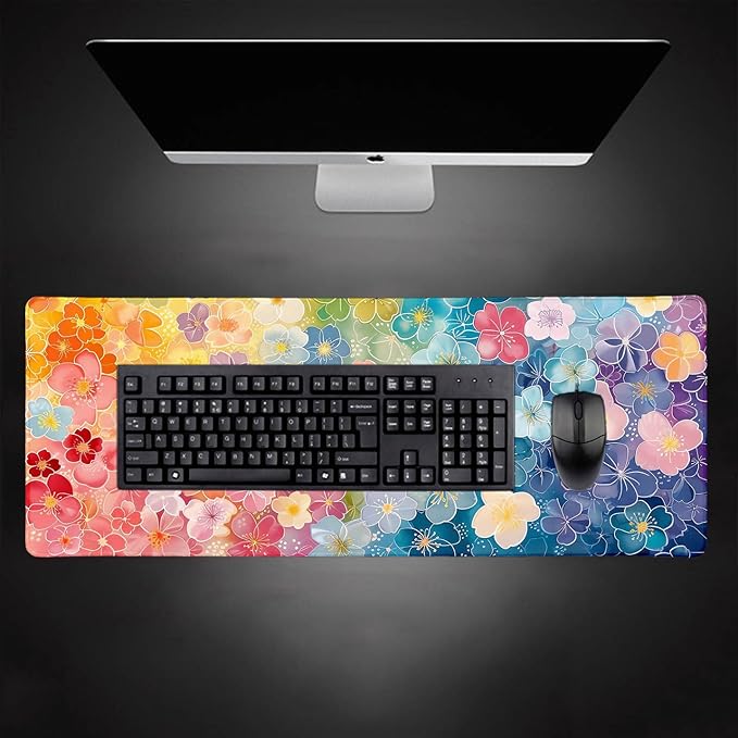 Colorful Flowers Large Mouse Pad Mat, Pink Blue Yellow and Green Pattern Desk Mat, Watercolor Beautiful Floral Computer Desk Pads for Office, Non-Slip Laptop Computer Pad, 31.5x11.8 in