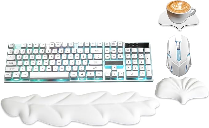 Ergonomic Keyboard Wrist Rest, Leaf Shape PU Leather Memory Foam Wrist Support for Computer Keyboard, Keyboard Pad and Cute Mouse Wrist Pad for Gaming,Office, Computer, Typing Pain Relief, White