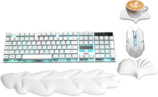 Ergonomic Keyboard Wrist Rest, Leaf Shape PU Leather Memory Foam Wrist Support for Computer Keyboard, Keyboard Pad and Cute Mouse Wrist Pad for Gaming,Office, Computer, Typing Pain Relief, White