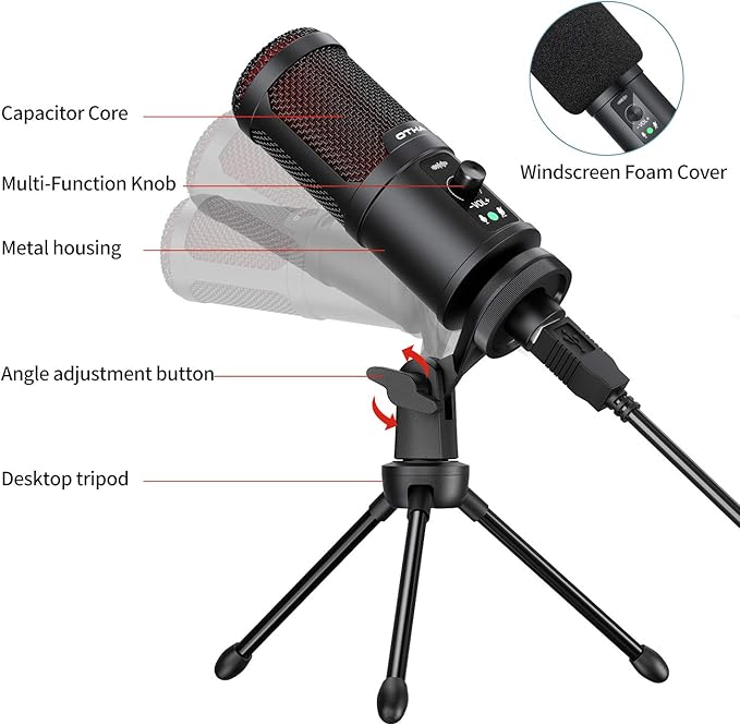 OTHA USB Microphone, Gaming Condenser Microphone, PC Mic for Podcasts Videos with Tripod Stand, Professional Microphone 192kHz/24Bit Plug & Play for Podcast, Streaming, Studio