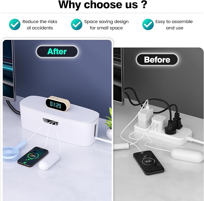 Cable Management Box - Large Cord Organizer Box to Hide Power Strip & Under Desk, TV Computer Wires Cable Organizer Box with Baby Proofs, Desk Cord Organizer for Home/Office - White - Image 4