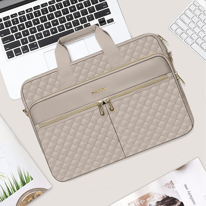 MOSISO 13-14 inch Laptop Bag, Laptop Briefcase Messenger Compatible with MacBook Neo 13 inch/Air 13.6/13 /Pro 13/14, Square Quilted Computer Bag Work Office Business with 3 Pockets&Strap, Taupe Brown
