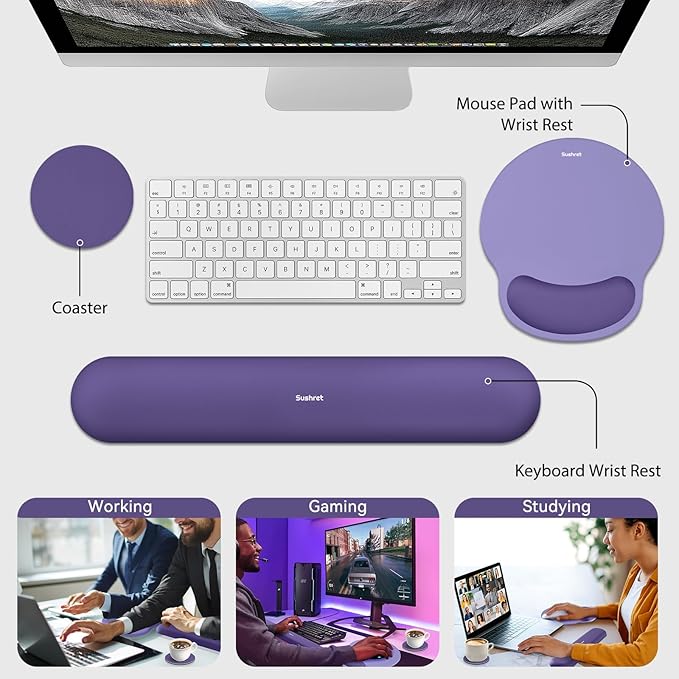 Sushret Mouse Pad and Keyboard Wrist Rest, 3-in-1 Gel Memory Foam Ergonomic Mouse Pad with Wrist Rest Set, Gaming Mousepad Arm Cushion Support for Computer Office Desk Accessories Cute Setup, Purple