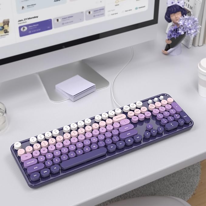 Wired Keyboard, Full-Sized Typewriter Keyboards, USB Plug and Play Office Keyboard with Number Pad, Caps Indicators, Foldable Stands for Windows, PC, Laptop, Desktop (Purple)