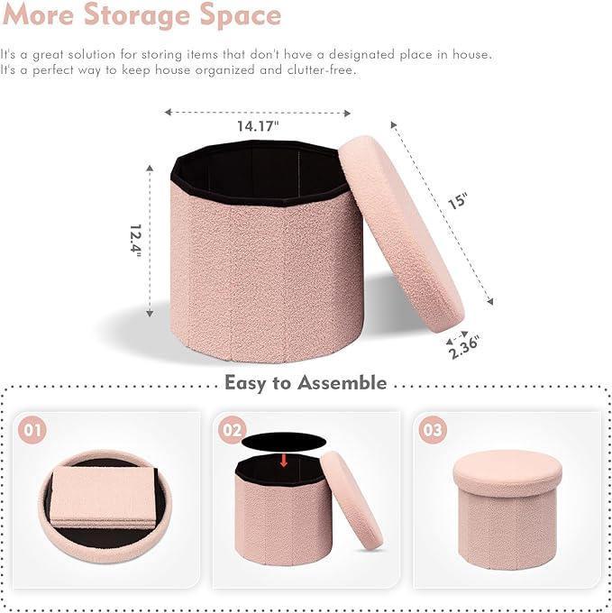 B FSOBEIIALEO Storage Ottoman Cube, Round Ottomans with Storage Foot Stool Footrest for Lving Room, Boucle Ottoman Seat for Dorm Room,Faux Teddy Fur, Pink 15"x15"x13.19"