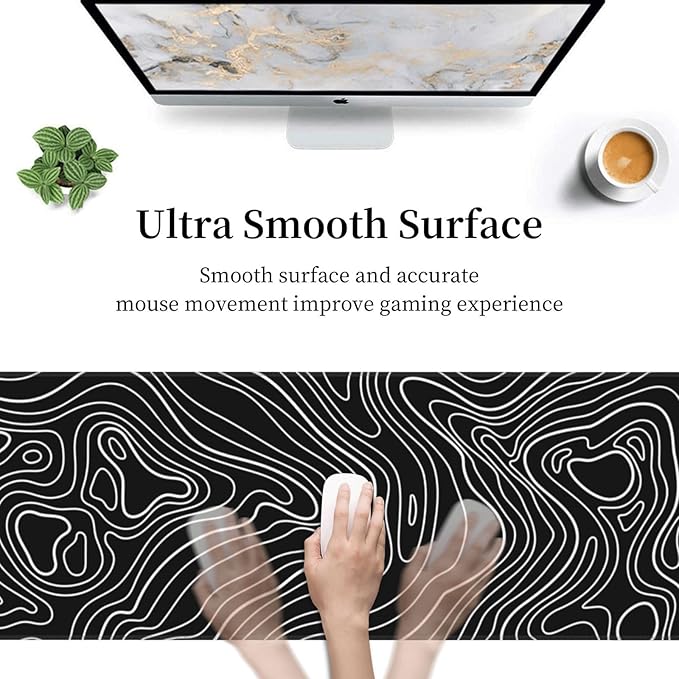 Topographic Map Black Gaming Mouse Pad Desk Mat for Home and Office, Large Mousepad Extended Keyboard Pad Stitched Edge Accessories Decor