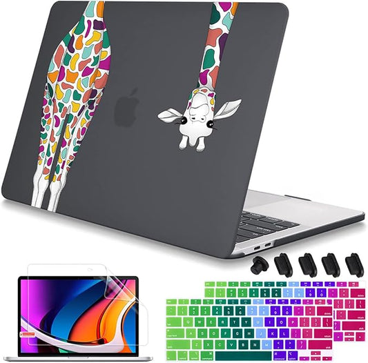 Mektron 2020 2019 2018 for MacBook Air 13 inch Case M1 A2337 A2179 A1932 w/Retina Display & Touch ID, Matte Black Colorful Giraffe Soft Touch Plastic Laptop Cover Keyboard Skin Screen Protector