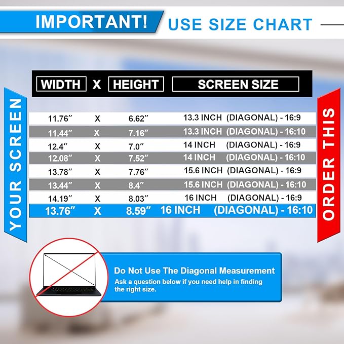 FILMEXT 16 Inch Laptop Privacy Screen Compatible with Lenovo Hp Dell Acer Asus Thinkpad Envy Xps -16:10 Aspect Ratio, Removable computer laptop privacy screen filter anti-blue light Anti Spy Shield