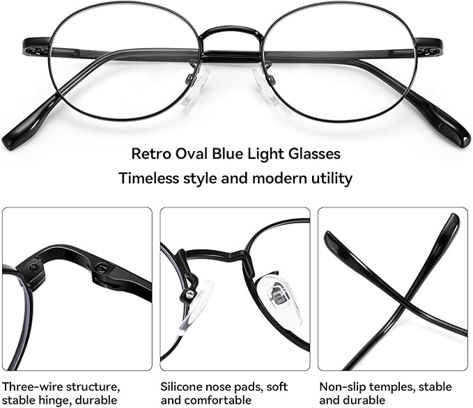 Dollger Oval Blue Light Glasses for Women Retro Anti Bluelight Blocker Glasses Men for Computer Small Metal Frame Eyeglasses