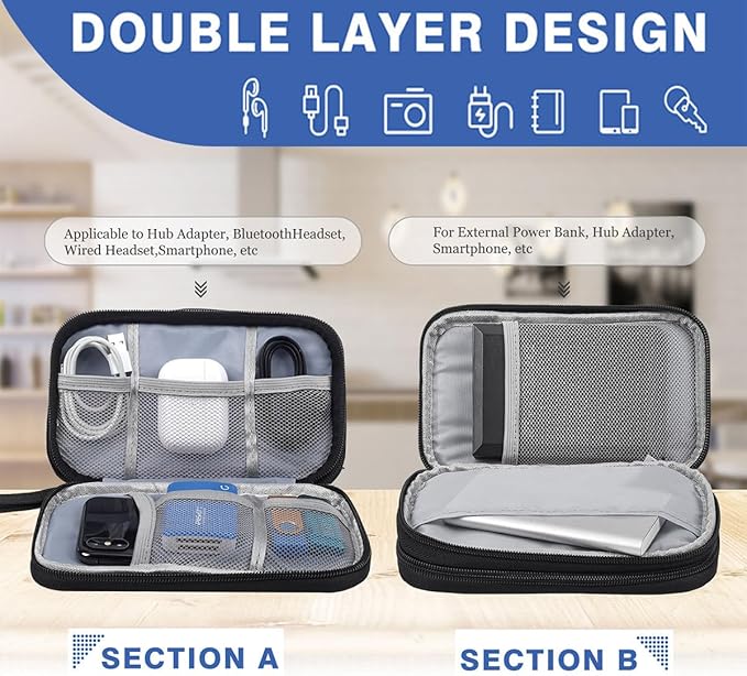 Electronics Organizer Travel Bag, Small Cable Organizer Case Waterproof Accessories Pouch, Travel Electronic Carrying Case for Cord, Charger, Phone, USB, Power Bank, Earphone (Black, Medium)