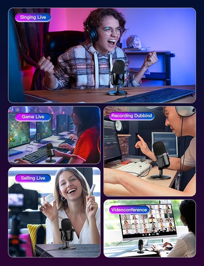 Gaming Microphone with Noise Cancellation & Mute Button, USB Condenser Mic for Streaming/Recording, Ultra-Compact Design, Compatible with PC/Mac/PS4/PS5, Podcast/YouTube/Twitch/Discord (Black)