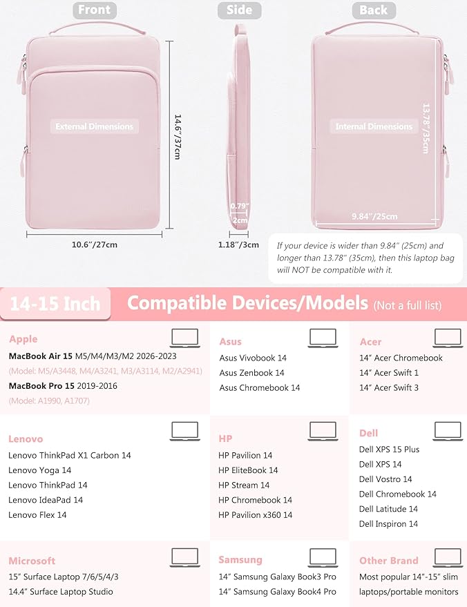 HYZUO 14-15 Inch Laptop Bag Sleeve for MacBook Air 15 M5 A3448 M4 M3 M2 2026-2023, MacBook Pro 15, XPS 14/15 Plus, 15" Surface Laptop, Notebook Case for 14" Dell HP Lenovo Asus Acer, Pale Pink