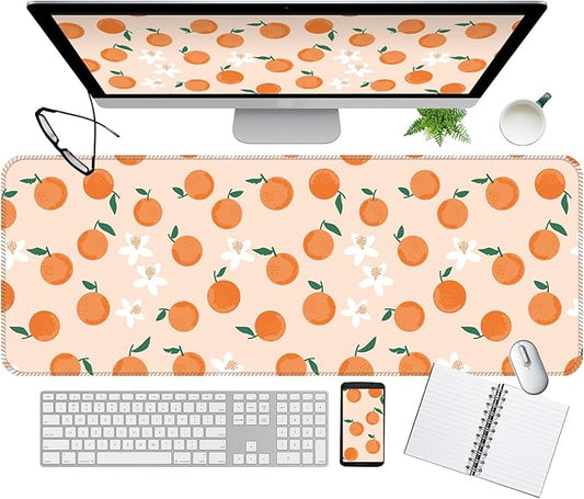 Desk Mat,Big Desk Pad,31.5 x 11.5in Extended Gaming Mouse Pad,Large Mouse Pad for Desk Rubber Base Mousepad with Stitched Edges,Keyboard Mouse Mat for Work Game Office Home - Cute Orange Leaves