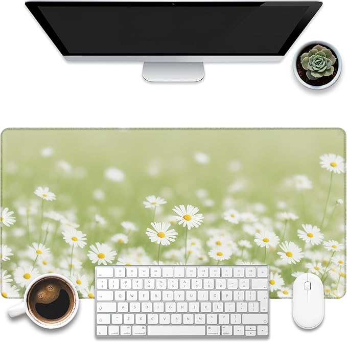 Desk Mat, Green Daisy Flowers Desk Pad, Chamomile Flowers Large Gaming Mouse Pad, 31.5"x15.7" Extended Big Computer Keyboard Mouse Pad with Non-Slip Base and Stitched Edge