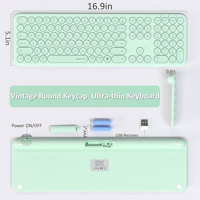 UBOTIE Wireless Green Keyboard, Bluetooth 2.4GHz Dural Mode Connection Scissor Switches Slim Quiet Round Keycaps Full Size Office Computer Keyboards for PC MAC Smart Phones