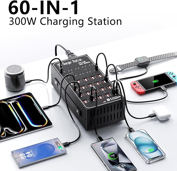 Multiple USB Charger Station, 300W 60Ports USB C Charger Block, USB Charger hub for Multiple Devices, USB C Multi Charge Compatible with iPhone 17 16 15 14 13, iPad, Samsung Galaxy S23 S24, Pixel