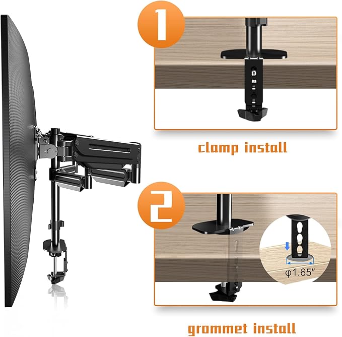 Pholiten Triple Monitor Mount for Desk, 2 Gas Spring Monitor Arms for 17-32 inches Screen, Fully Adjustable Heavy Duty Monitor Mount with Clamp & Grommet Mounting, Each Arm Holds 22 lbs